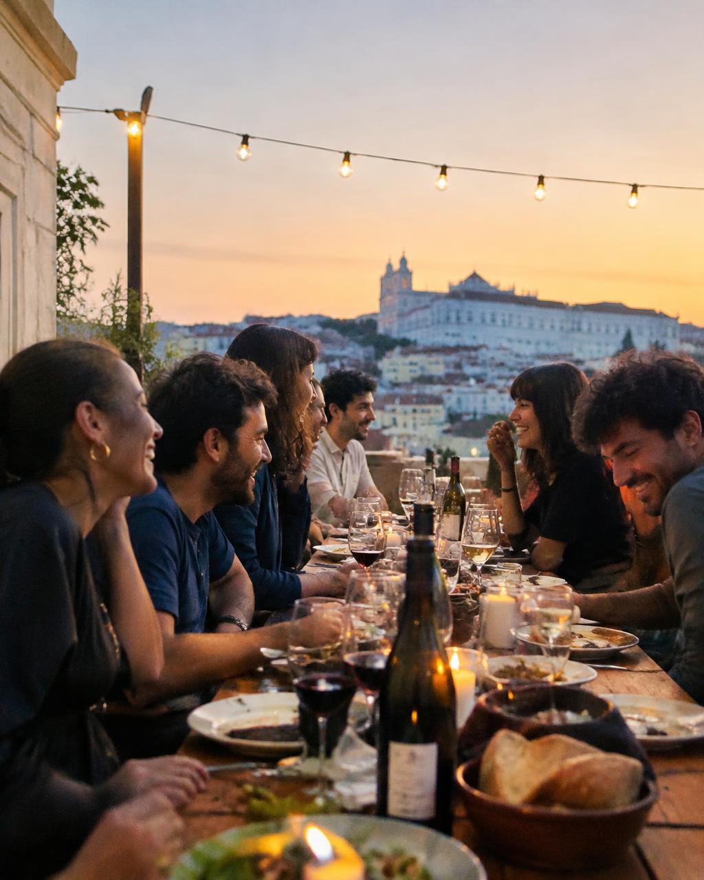 Jantar entre amigos num terraço em Lisboa