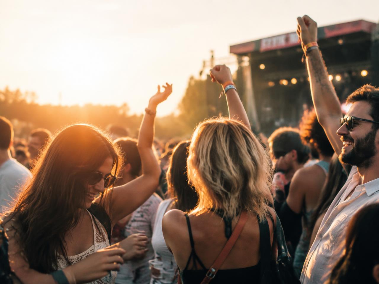 Amigos a dançar num festival ao pôr do sol