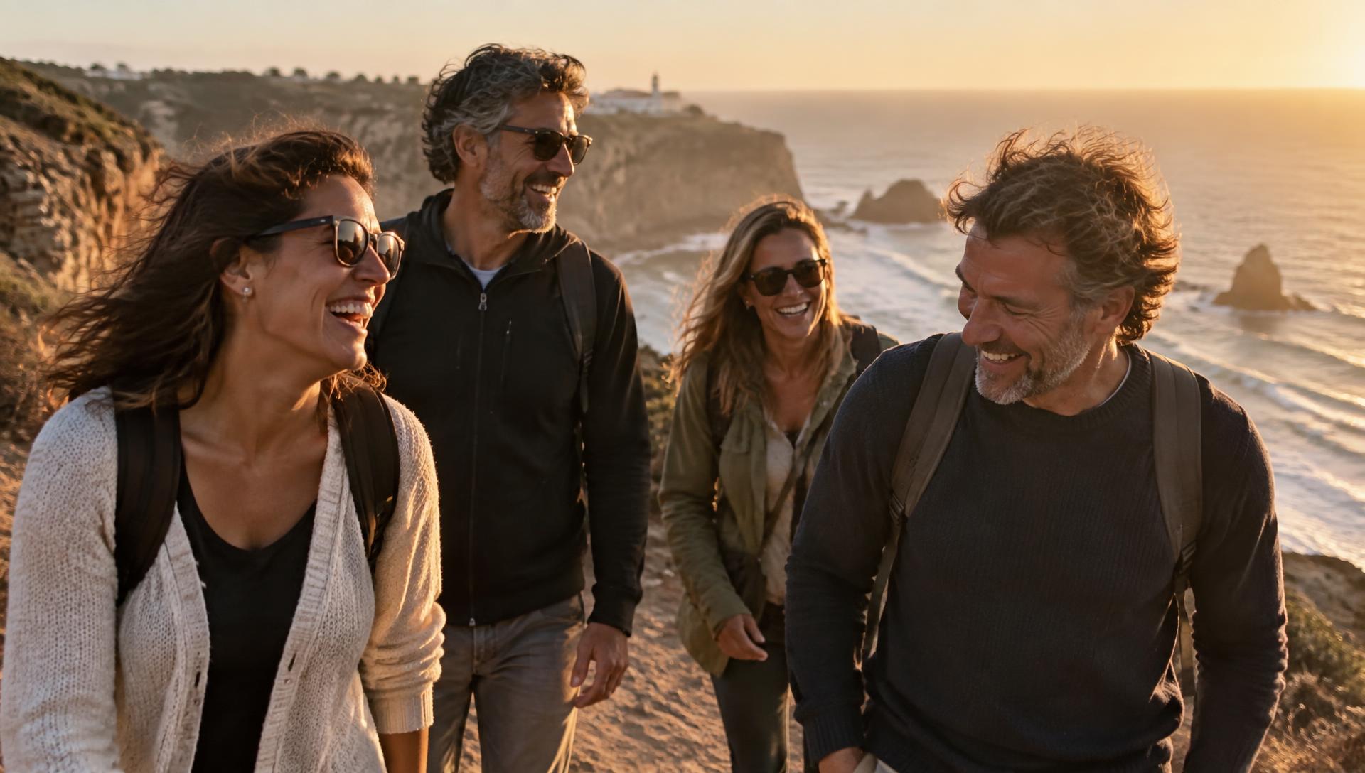 Grupo de amigos a caminhar numa falésia junto ao mar ao pôr do sol